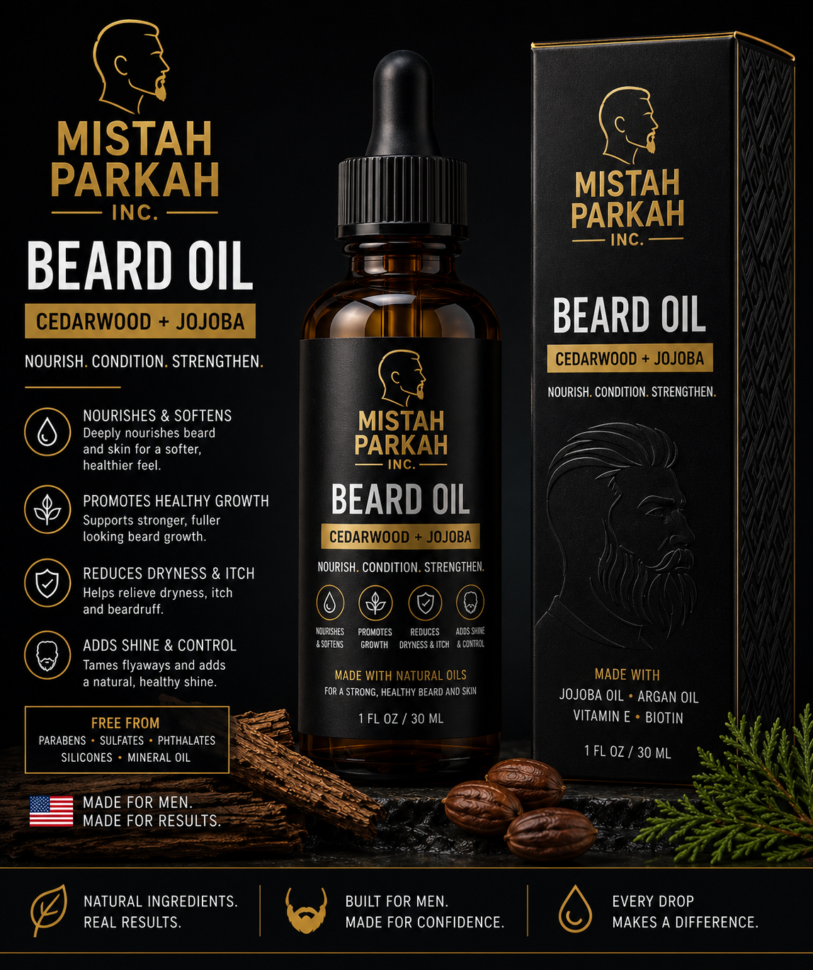 Beard Oil – Cedarwood + Jojoba, 1 oz